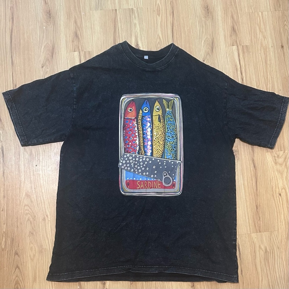 Black Graphic T-Shirt with Sardine Design